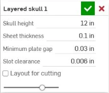 Onshape's Layered skull feature dialog showing 12-inch height, 0.1-inch stock, 0.03-inch minimum gap, and 0.006-inch slot clearance