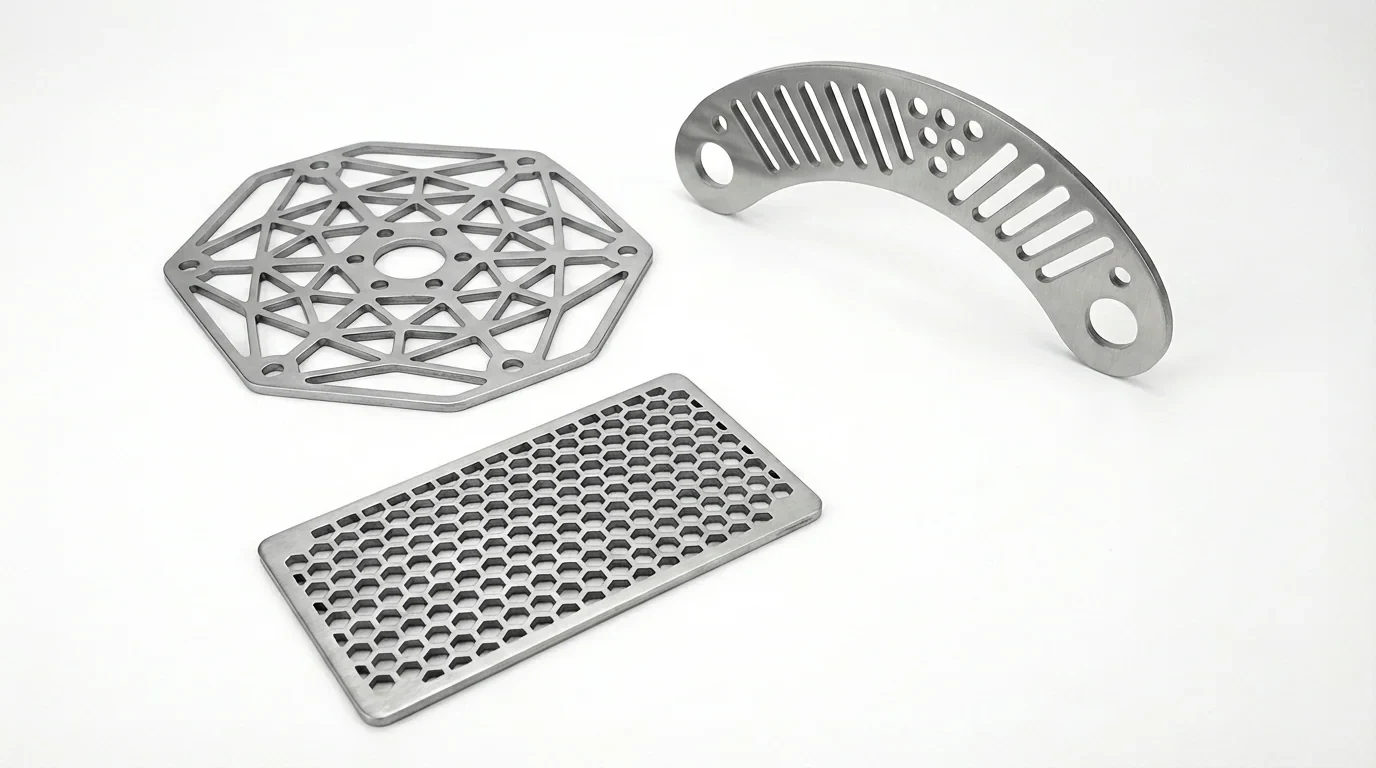Representative stainless sheet-metal parts: a cut plate, a curved slotted bracket, and a perforated panel