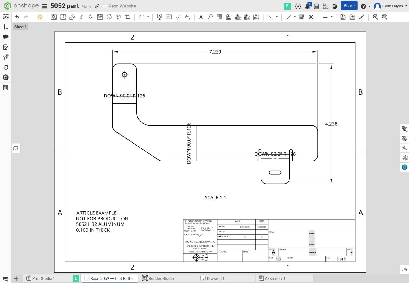 Onshape flat-pattern drawing showing a 7.239 by 4.238 inch blank with three DOWN 90 degree R0.126 notes