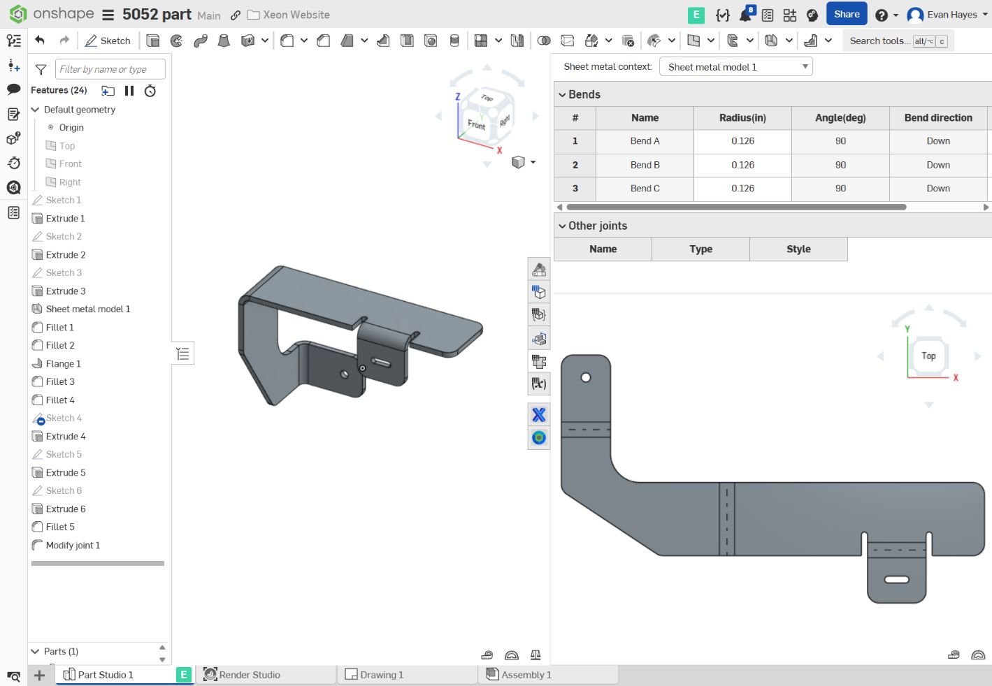 Onshape formed model alongside its flat pattern and three-bend table