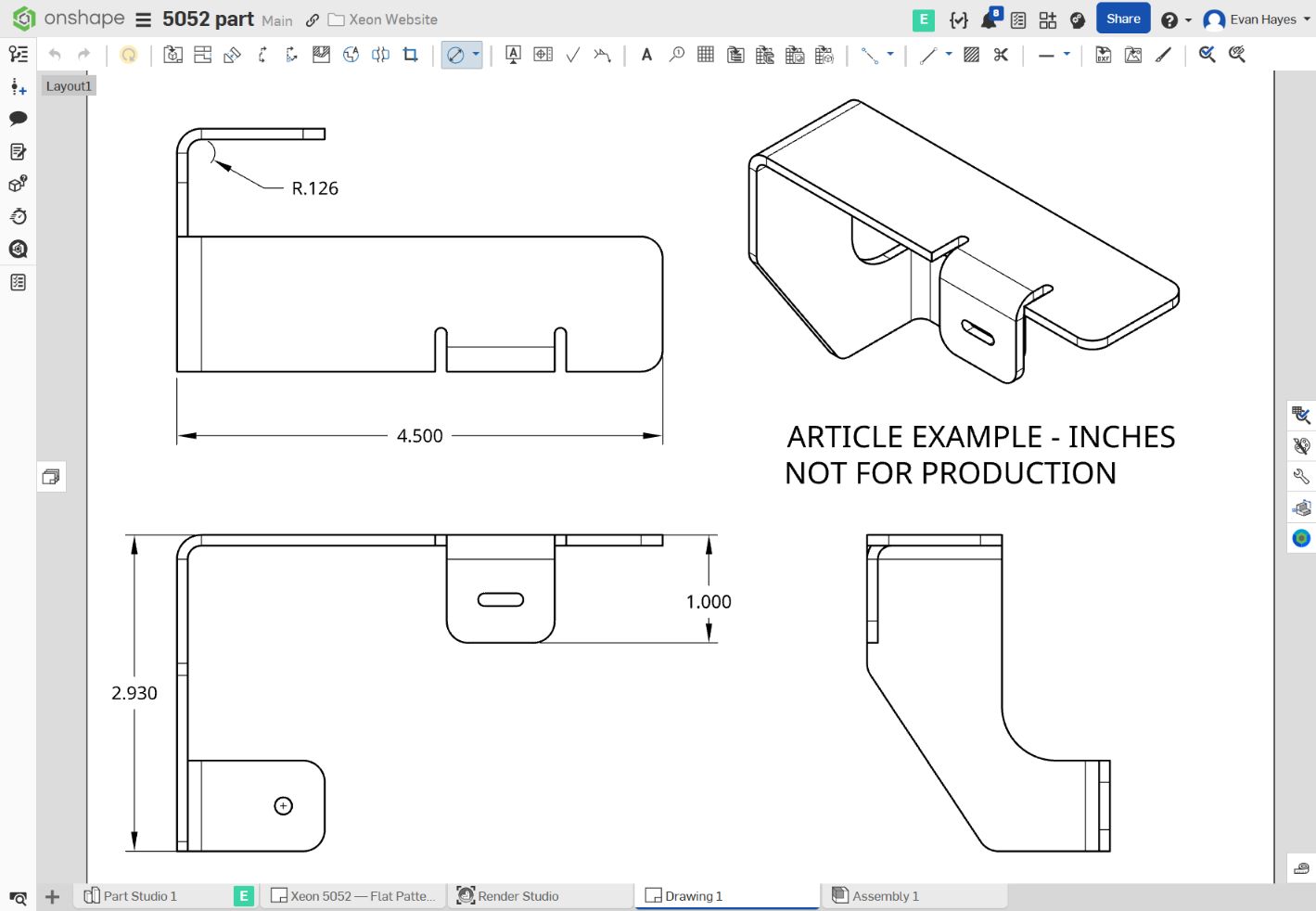 Onshape formed drawing showing R0.126, 4.500 overall length, 2.930 overall height and 1.000 small flange height