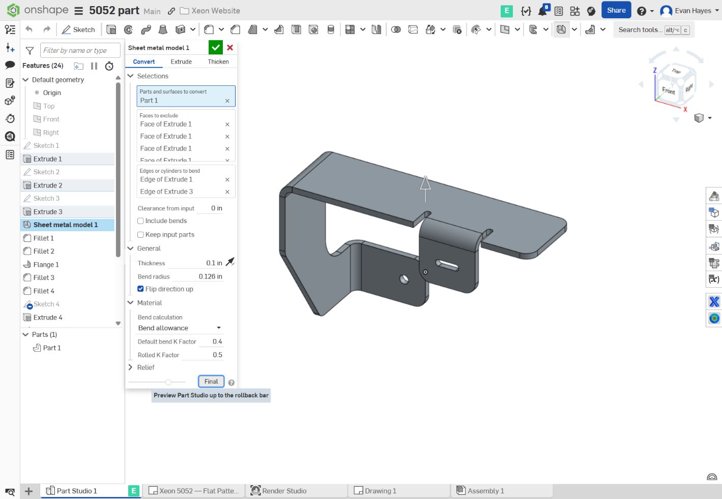 Onshape sheet metal feature showing thickness 0.1 in, bend radius 0.126 in and K-factor 0.4