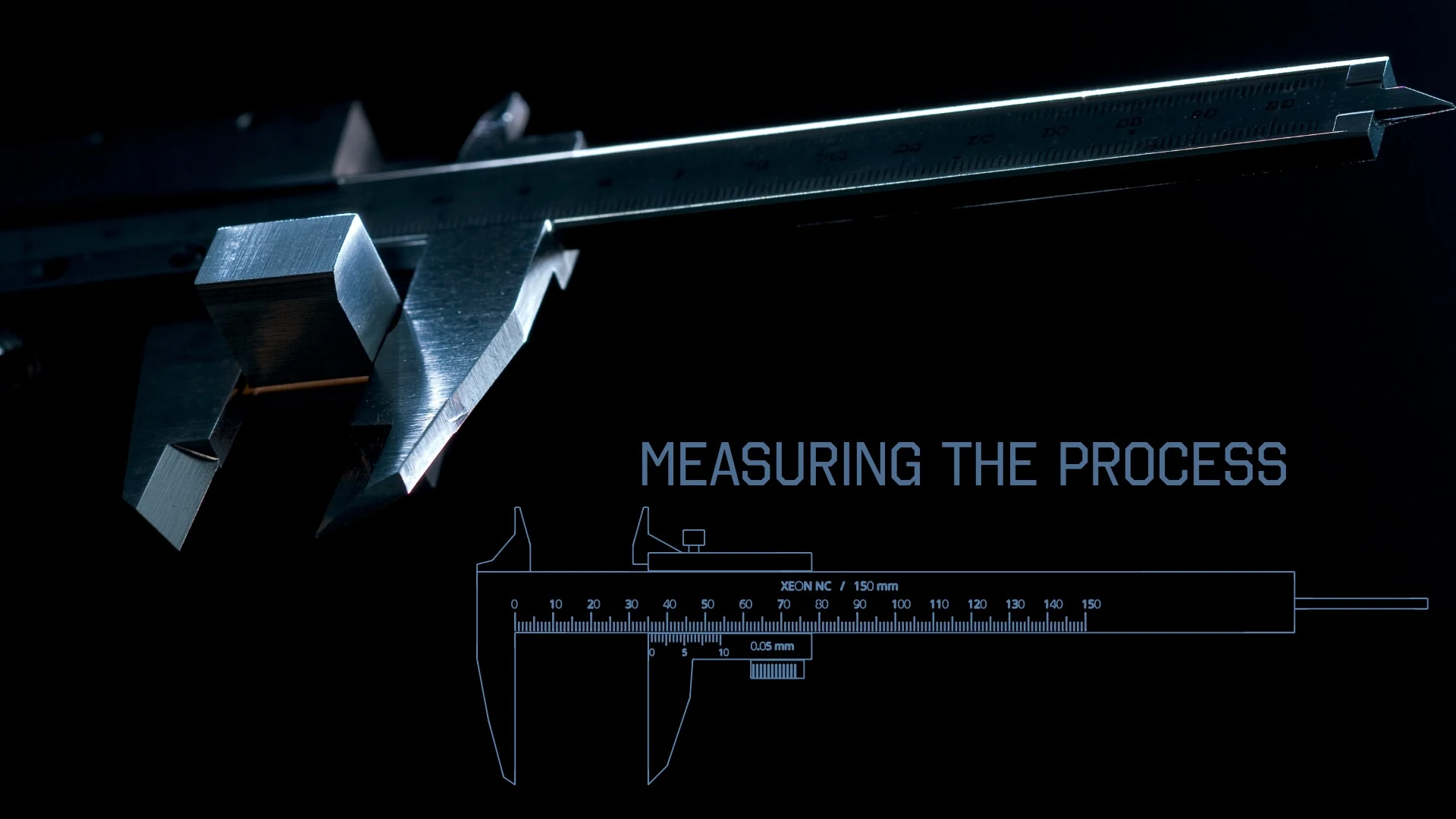 Vernier caliper measuring a metal block, with Measuring the Process text and a Xeon NC caliper line drawing