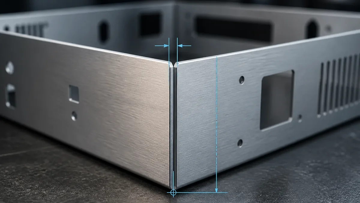 Formed sheet-metal box corner with a laser-cut relief gap between two perpendicular flanges