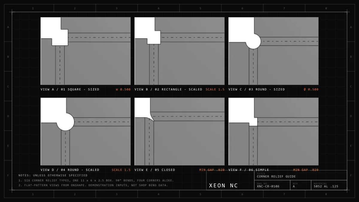 Drawing sheet with six flat-pattern views of sheet metal corner reliefs