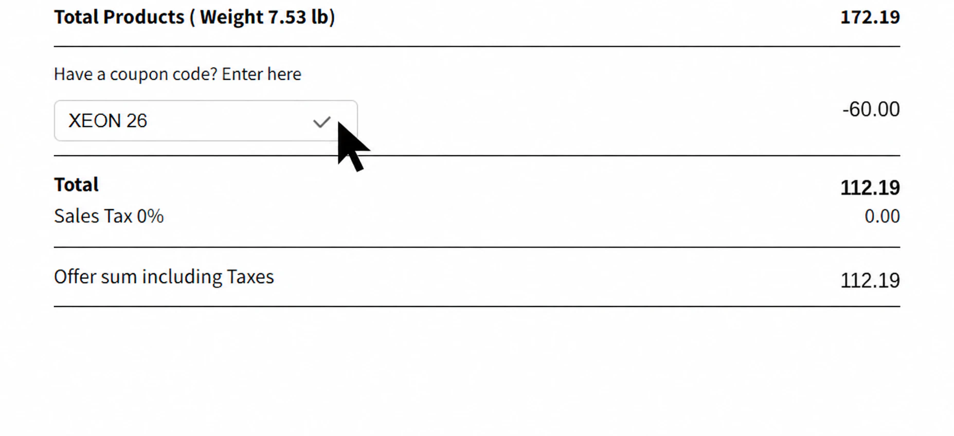 Xeon NC checkout showing the 'Have a coupon code?' field with a code applied and the discount reflected in the order total