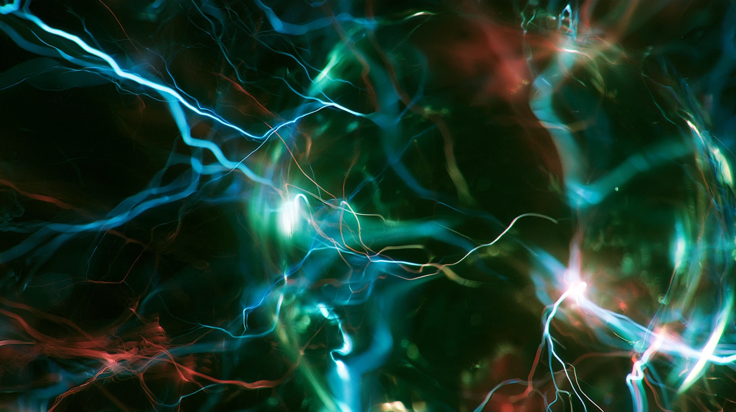 Abstract blue and green electrical arcs with bright points of light against a dark background