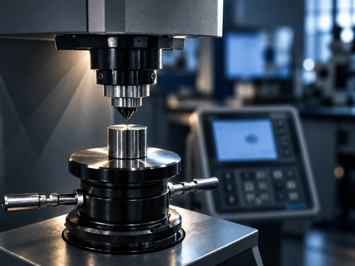 Hardness tester indenter lowered over a polished cylindrical metal sample in a lab