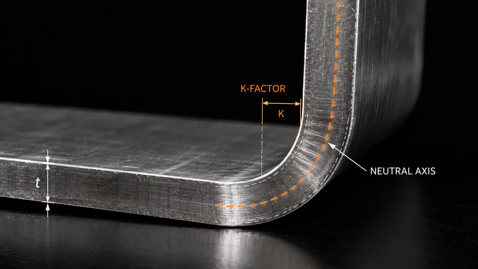 Bent sheet metal flange with the neutral axis and thickness marked