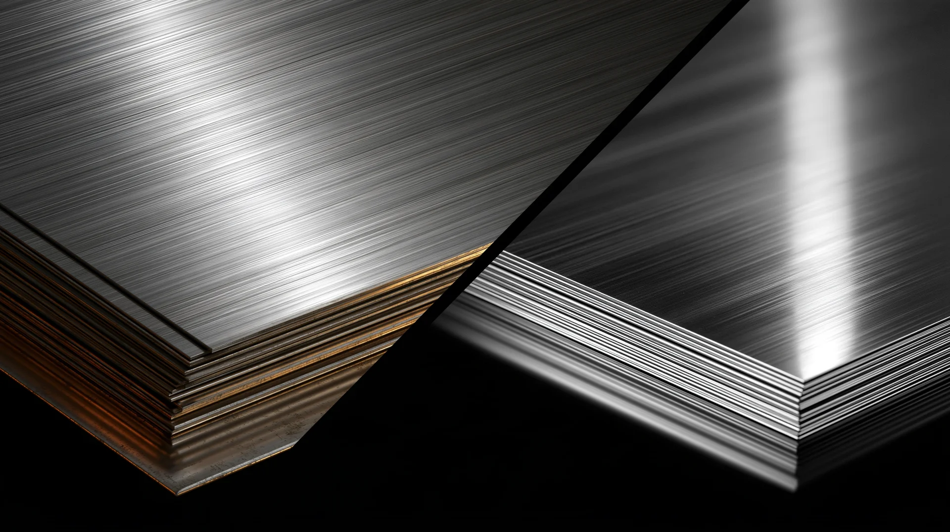Side-by-side stacks of metal sheets with contrasting surface finishes