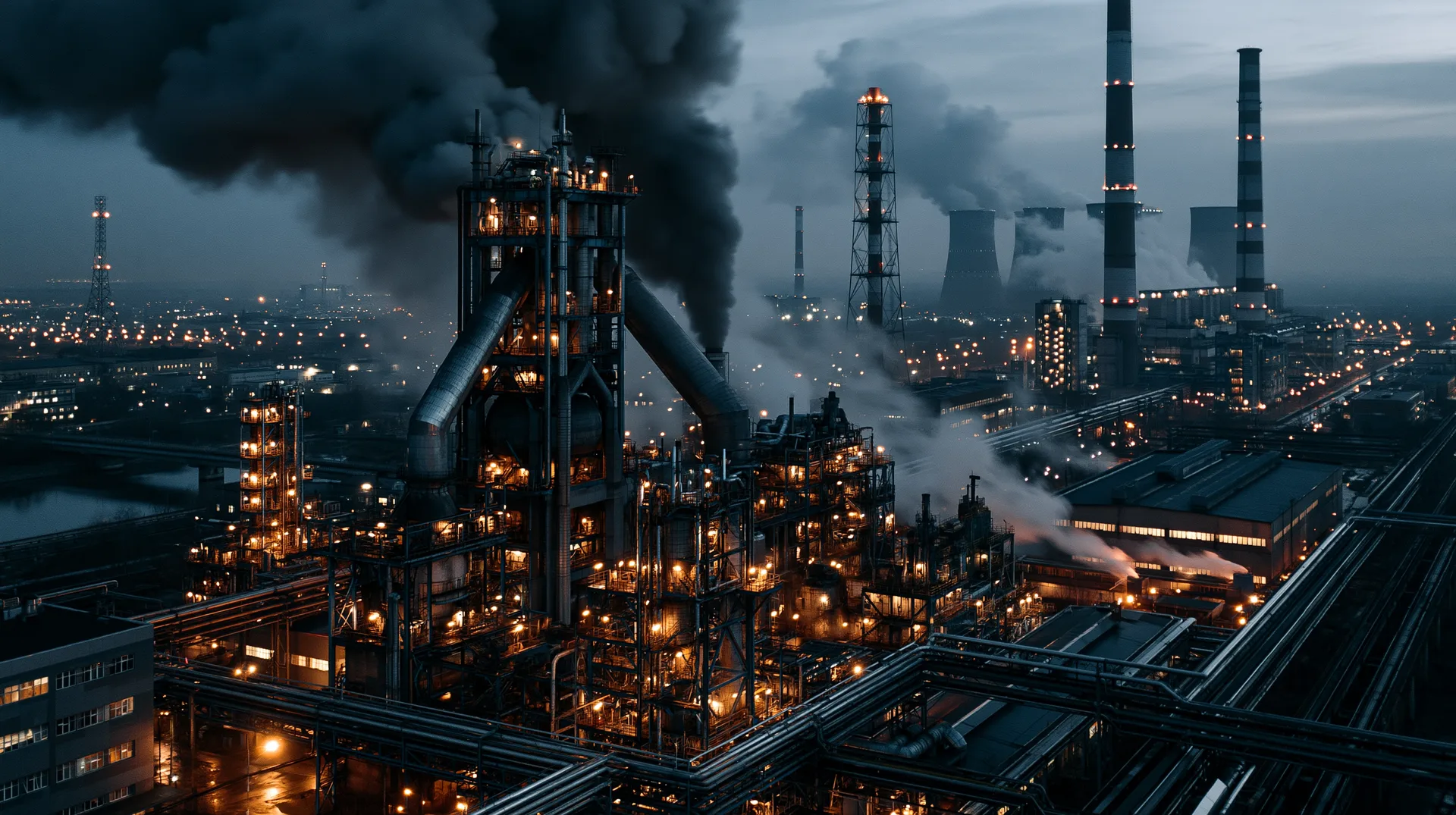 Aerial view of a heavy industrial complex at dusk with smokestacks, cooling towers, and a plume of dark smoke