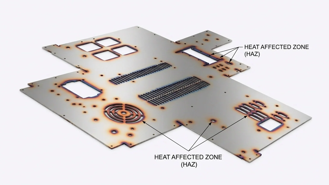 Diagram marking heat-affected zones around laser-cut sheet metal features