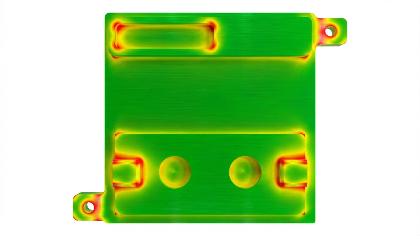 Top view of a machined bracket with a heat-distribution color map