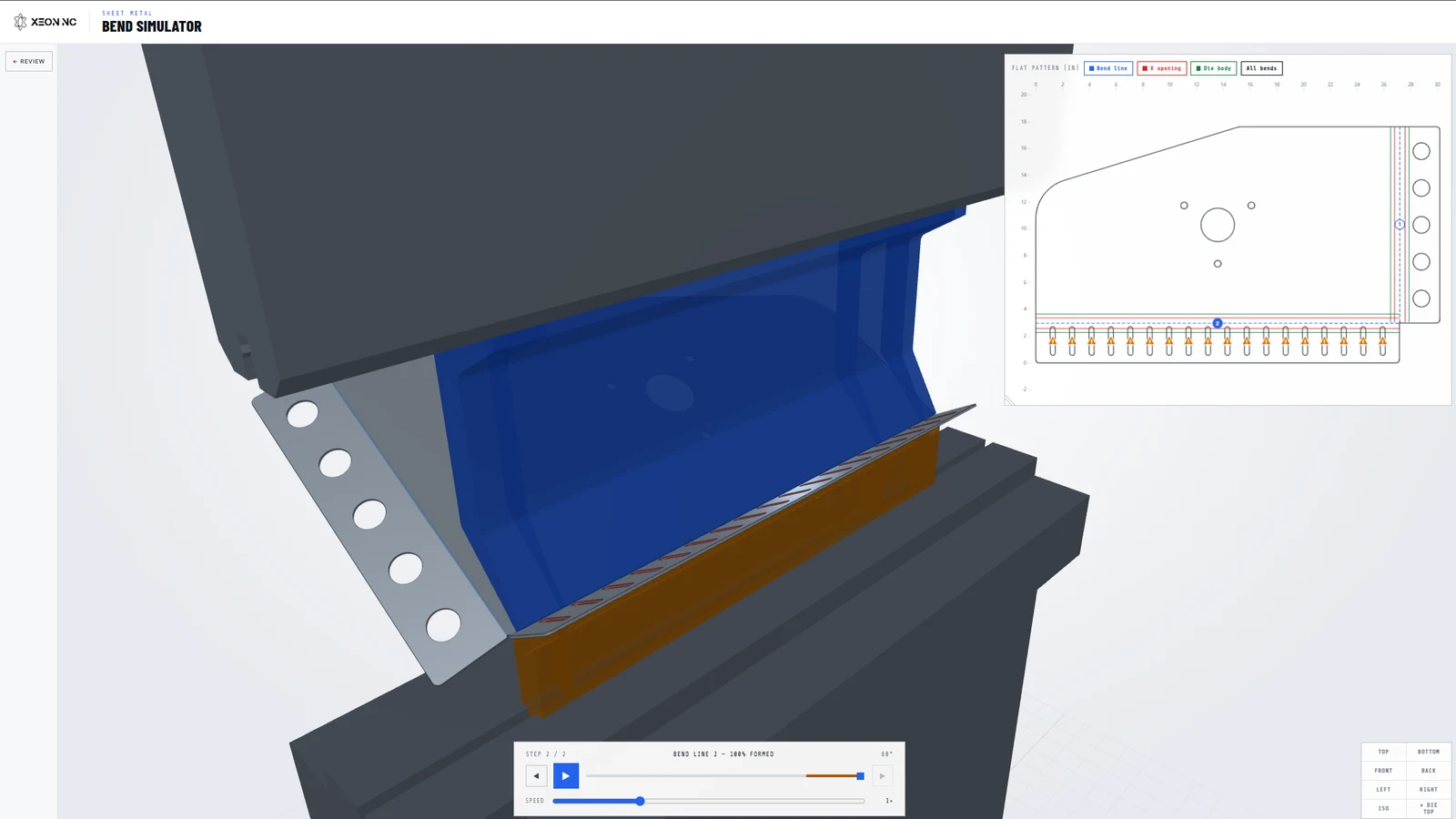 3D bend simulation showing a formed part in press brake tooling and its flat pattern