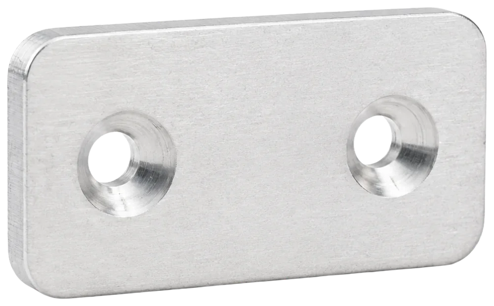 Rectangular aluminum plate with rounded corners and two countersunk holes