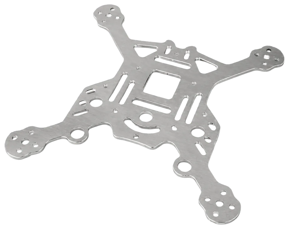 Aluminum quadcopter frame plate with four arms, mounting holes and internal cutouts