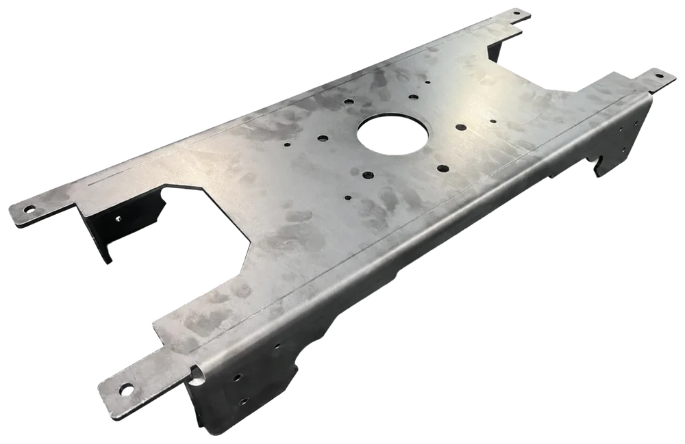 Formed steel chassis rail with side flanges, a large central opening and mounting holes