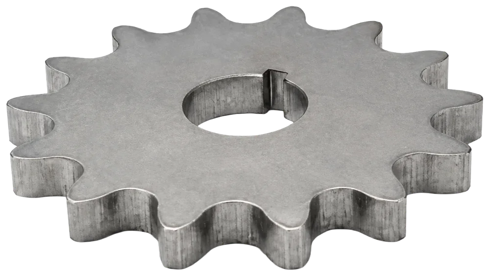 Laser-cut steel sprocket with external teeth and a keyed center opening
