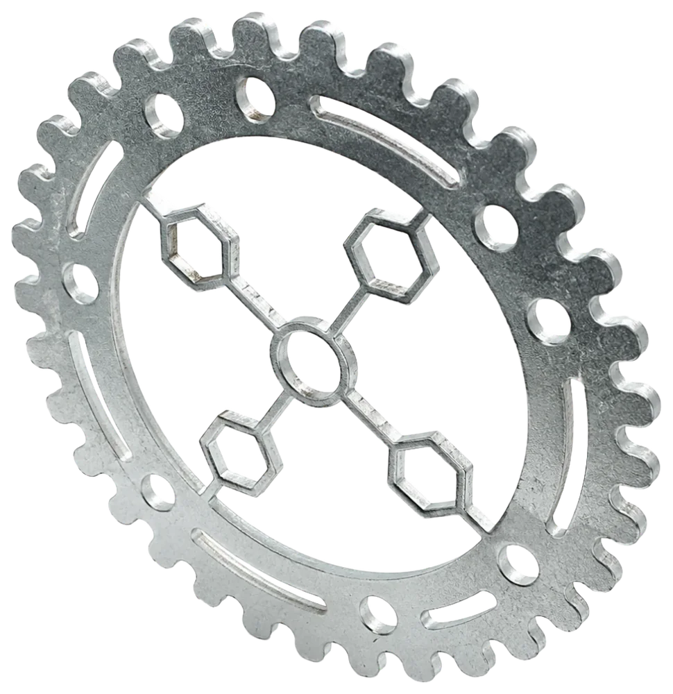 Galvanized steel sprocket profile with hexagonal spoke cutouts, rim slots and holes