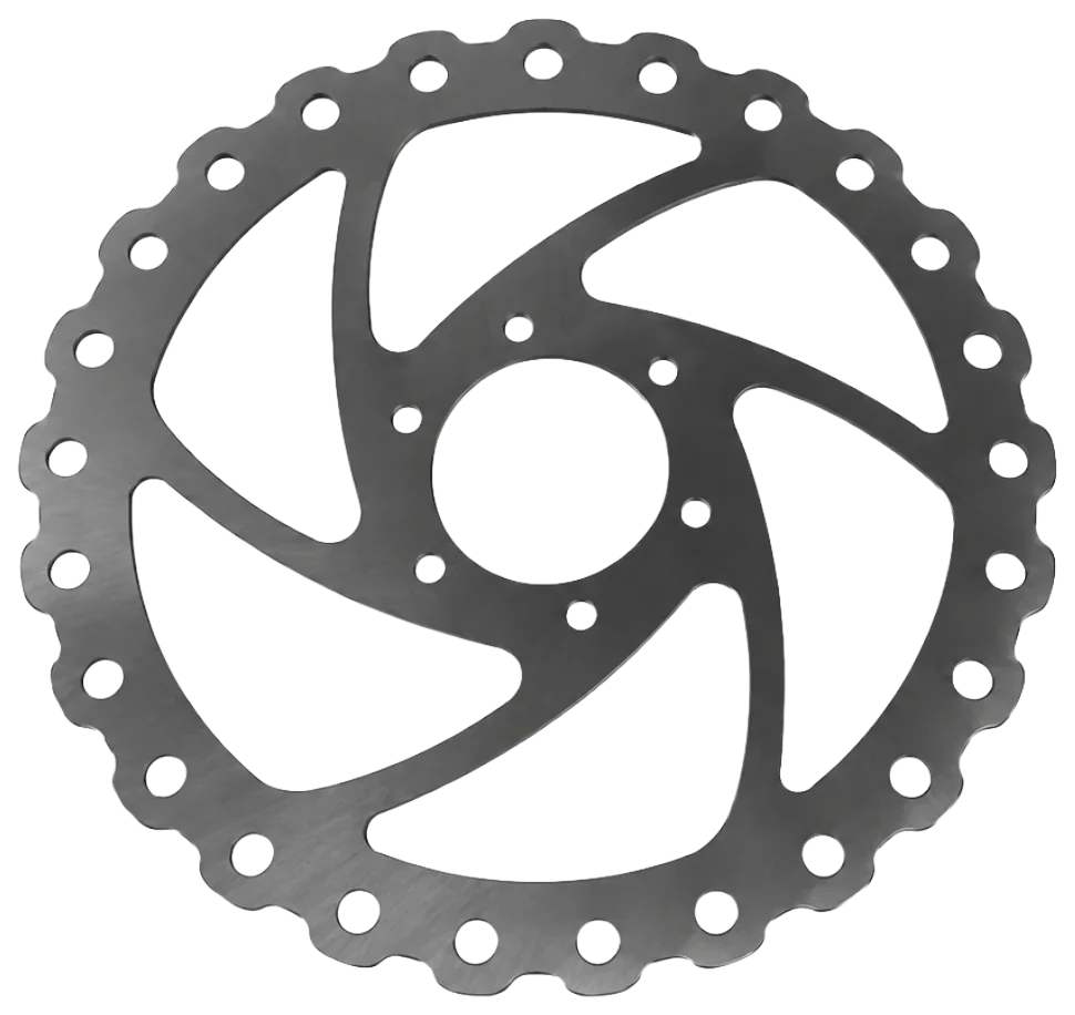 Circular steel plate with curved spokes, a scalloped rim and repeated hole patterns