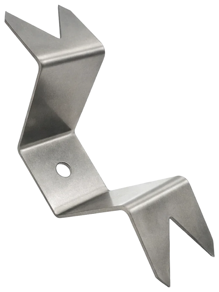 Stainless steel offset bracket with several bends, notched ends and a round mounting hole