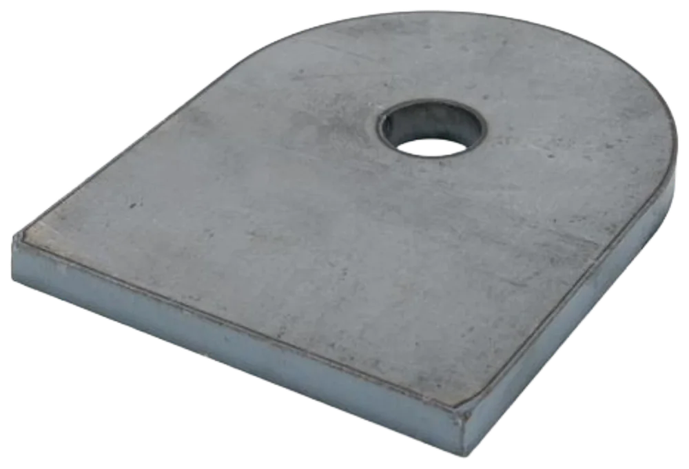 Steel weld tab with a rounded top, straight base and single circular hole