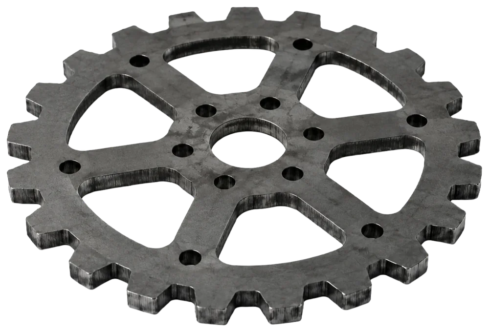 Laser-cut steel gear profile with five spokes, a center opening and mounting holes