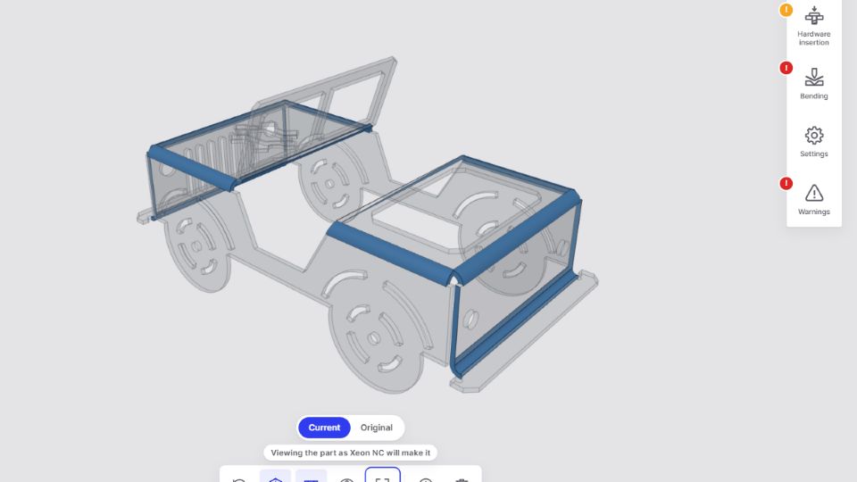 SheetForm showing the Jeep sheet-metal test part in X-ray view with its recognized bends highlighted in blue