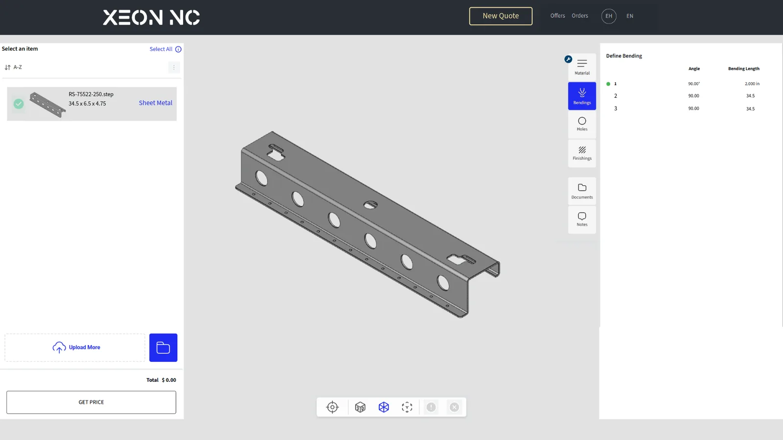 Xeon NC instant quoting Bendings configuration panel