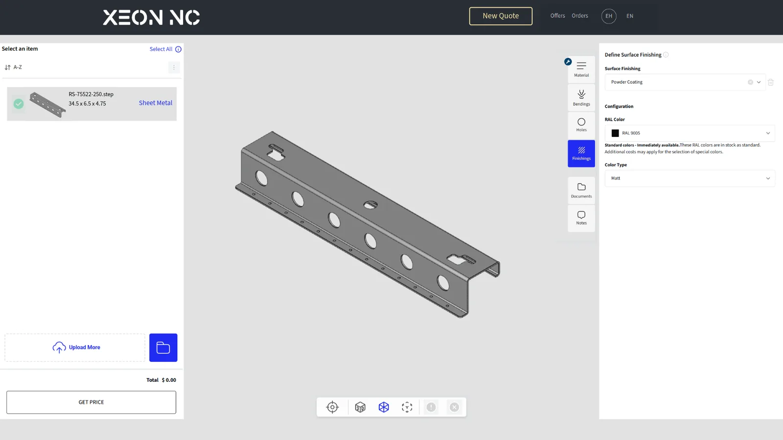 Xeon NC instant quoting Finishings configuration panel