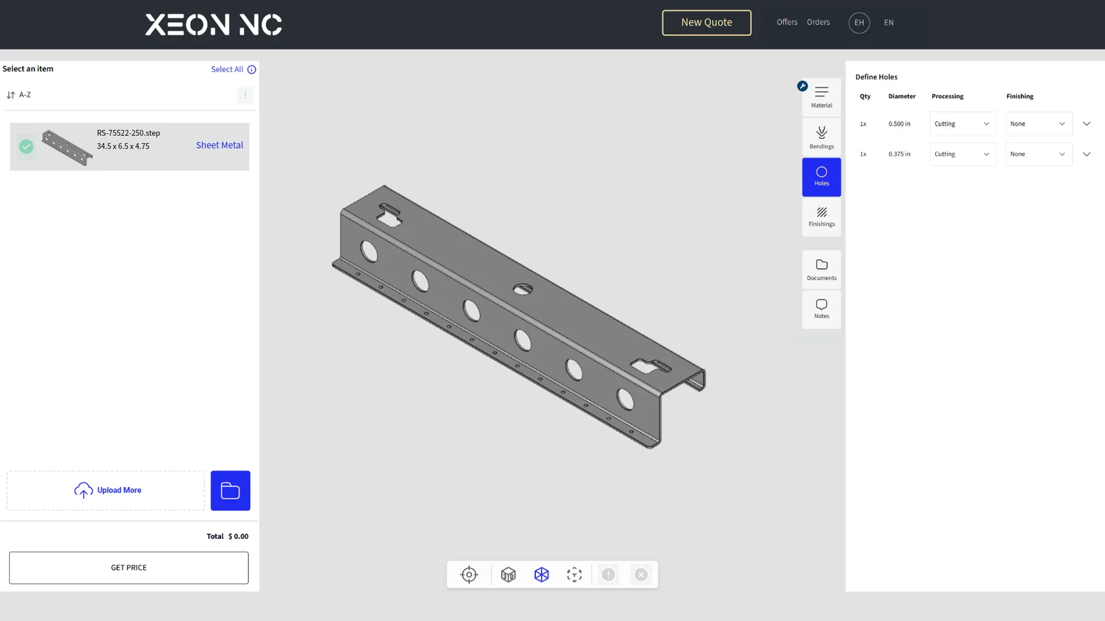 Xeon NC instant quoting Holes configuration panel