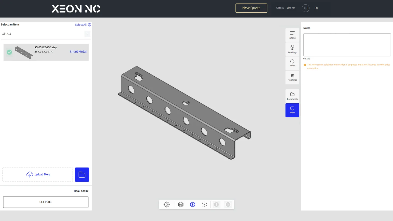 Xeon NC instant quoting Notes panel for manufacturer instructions