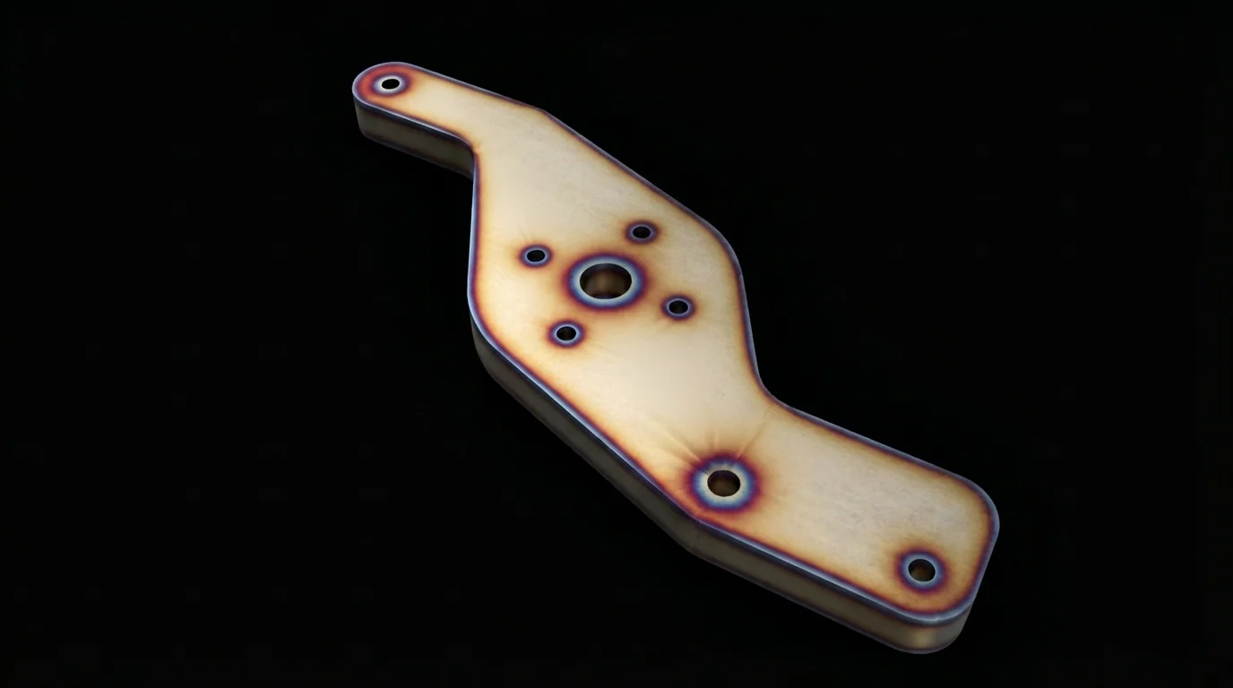 Same metal profile with visible heat discoloration around its edges and holes