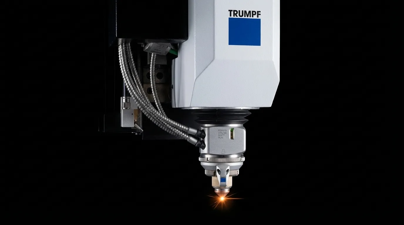 Close-up of the fiber laser cutting head and nozzle