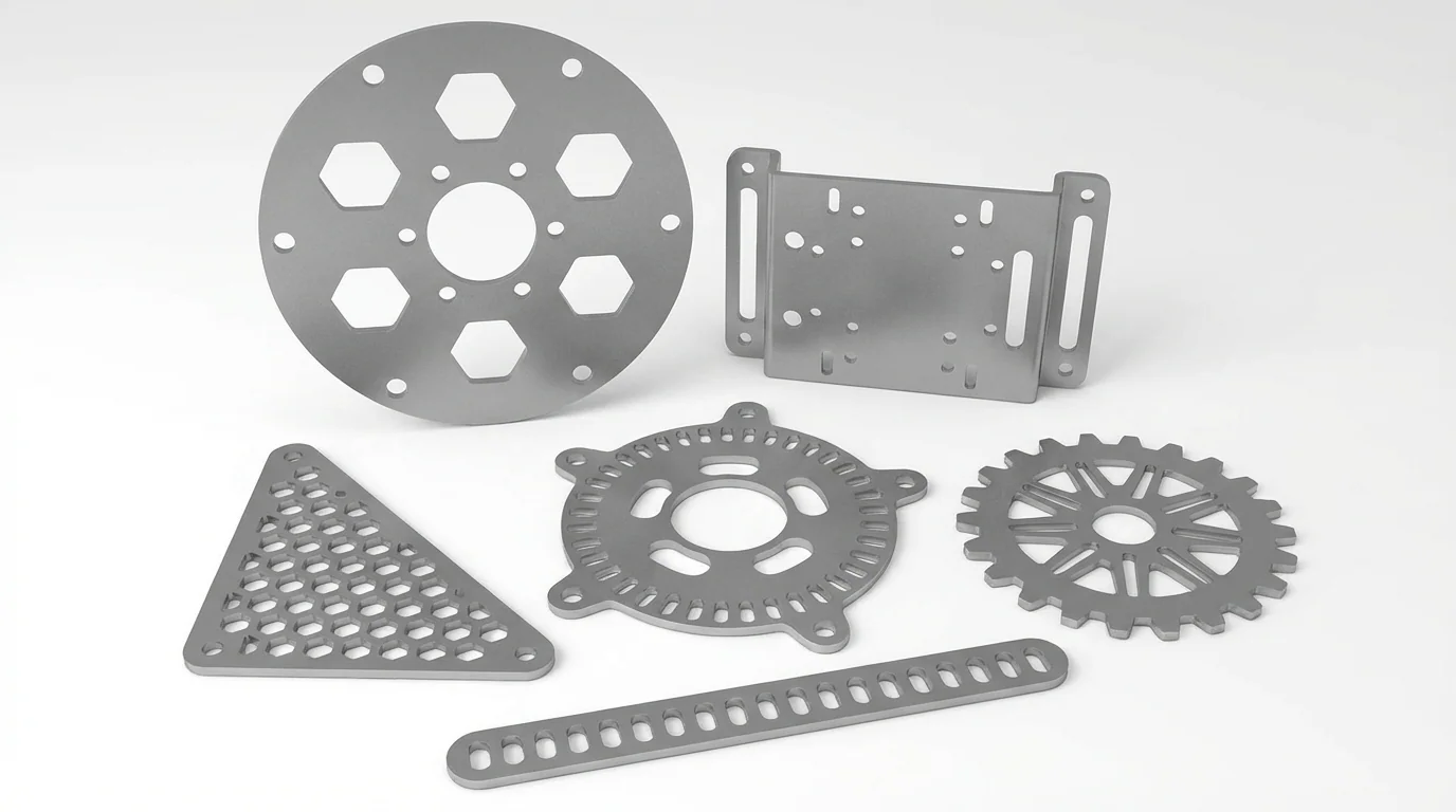 Representative aluminum parts: perforated plates, mounting profiles, and a formed bracket