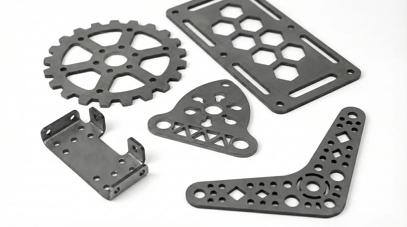 Representative steel parts: cut plates, a sprocket, and a formed bracket