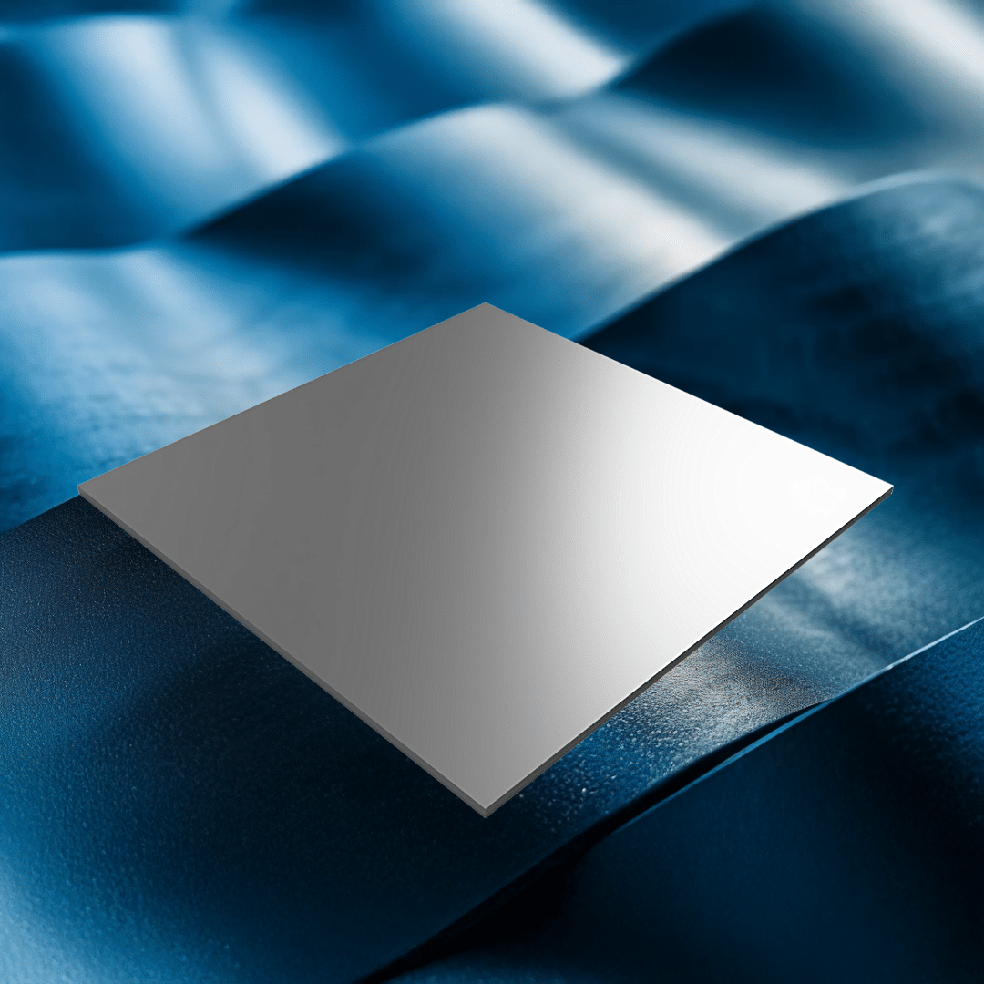 A smooth metal sheet floating over a textured, wavy blue surface under soft lighting.