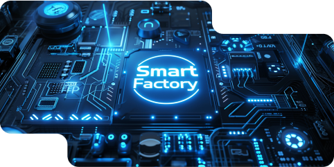 Futuristic circuit board with glowing "Smart Factory" text, symbolizing advanced industrial tech.