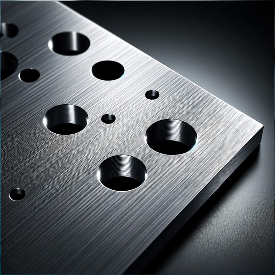 Sheet of metal with eleven small holes with different sizes.