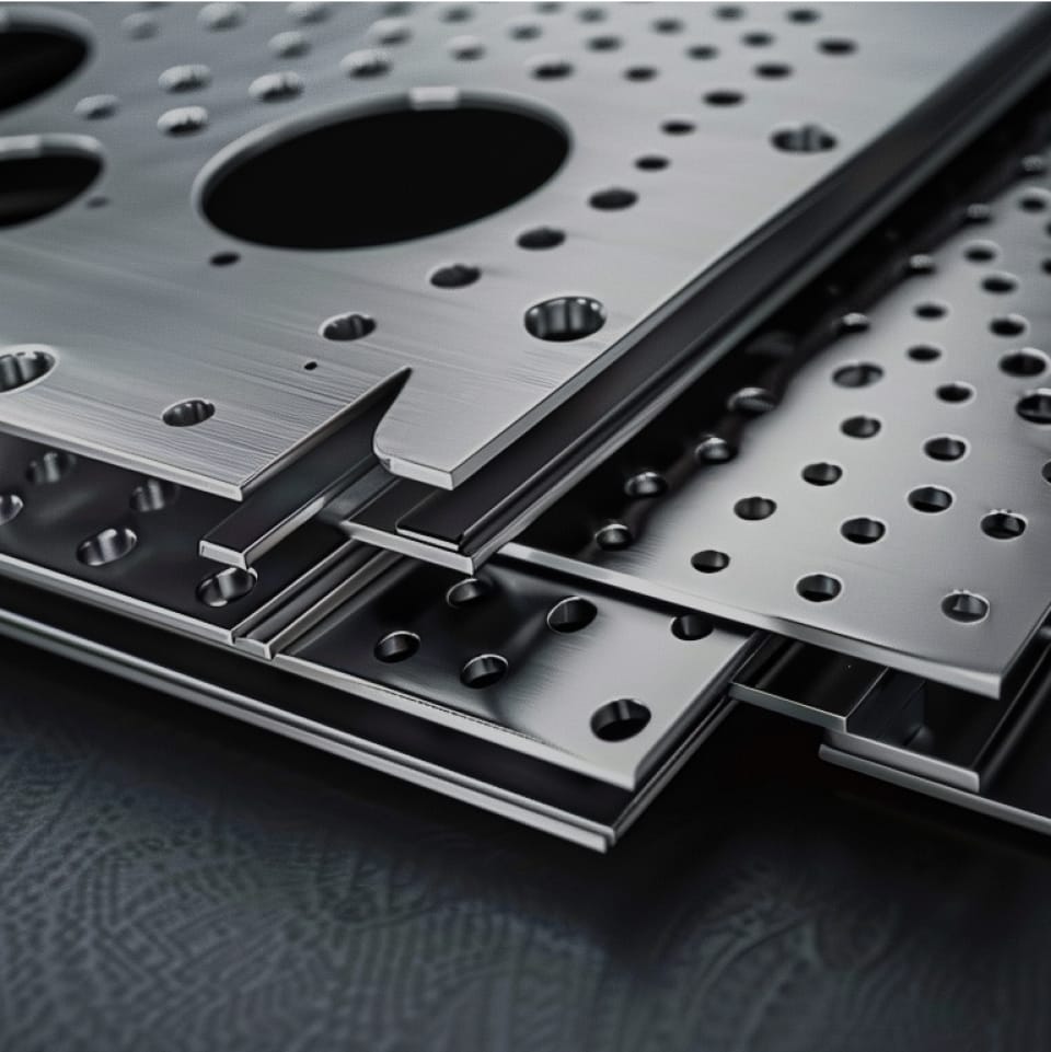 Laser cut piece of sheet metal with small holes with different sizes.