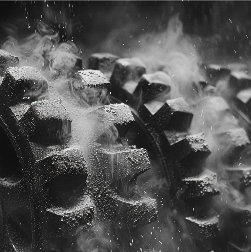 Metallic cogs after the process of being laser cut with metal dust and smoke on top of it.