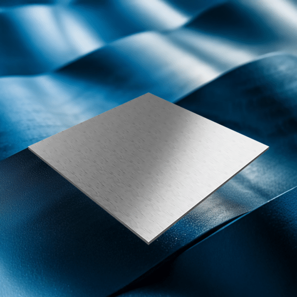 A smooth, reflective metal sheet displayed on a textured blue surface under soft lighting.