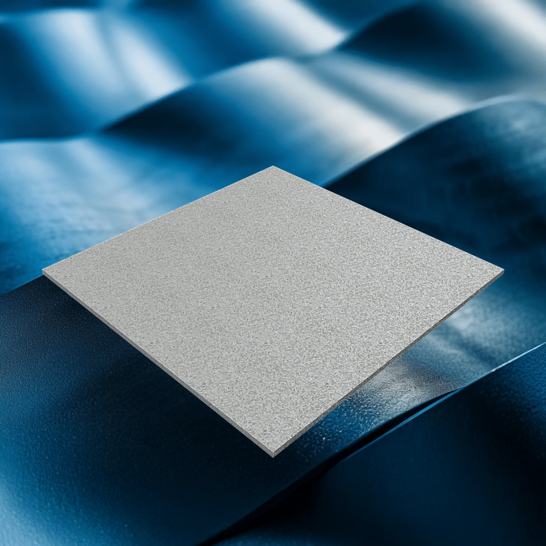 A textured gray metal sheet floating above a rippled, reflective blue surface under soft lighting.