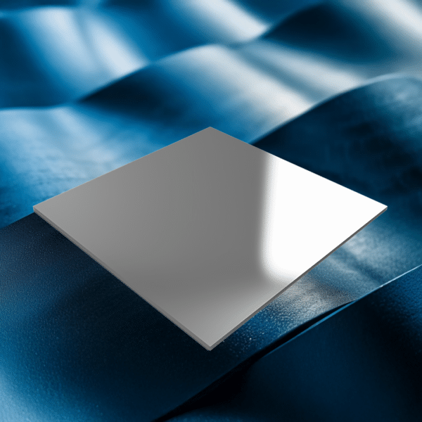 A reflective metal sheet placed on a rippled, textured blue surface under soft lighting.