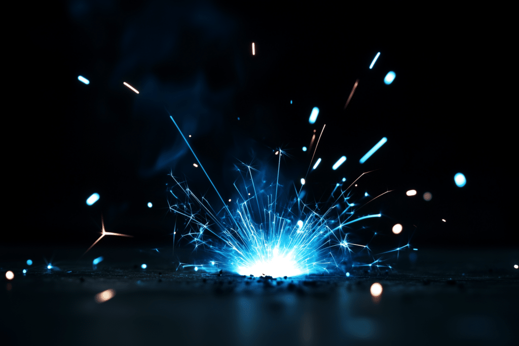 Bright blue sparks burst on a dark surface, creating a striking effect against the black background.