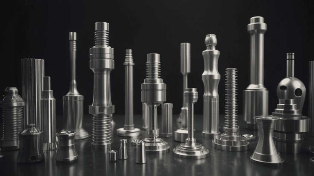 Various precision-engineered metallic components displayed on a dark surface under soft lighting.