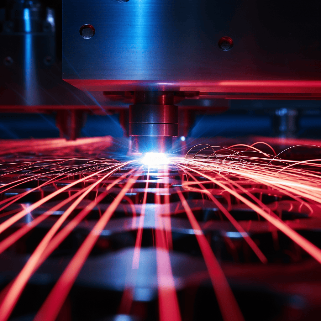 Close-up of laser cutting machine emitting red sparks, showcasing advanced industrial technology.