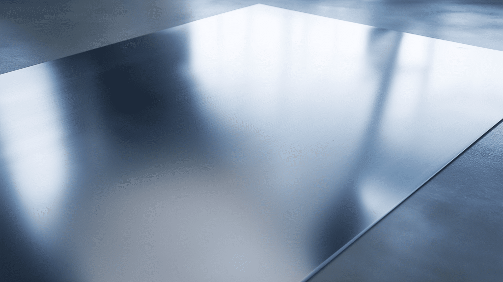 A polished metal sheet reflecting soft natural light, placed on a smooth gray surface.