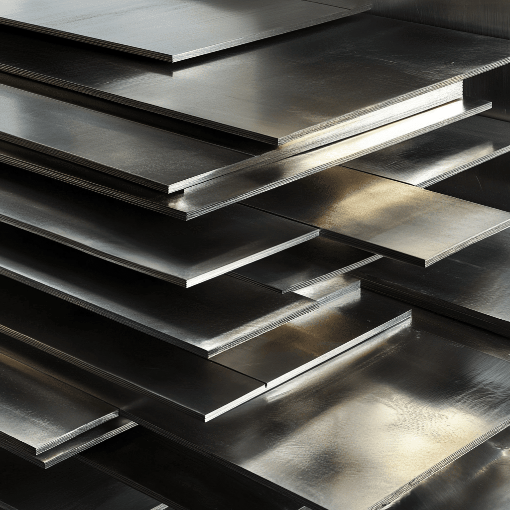 Stacked polished metal sheets reflecting light, arranged in overlapping for industrial use.