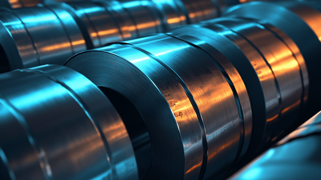 Close-up of rolled steel sheets in an industrial setting with blue and orange lighting reflections.